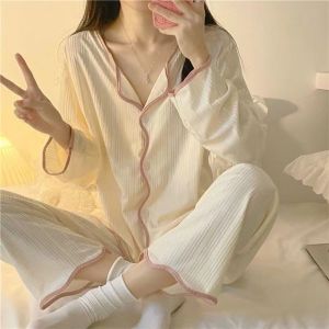 Women Collared Pajamas Spring Autumn Student Jacquard Long Sleeve Long Pants Set Loose Home Wear Girls Lady Casual Wear Suitable