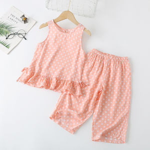Childrens Cotton Silk Sleepwear Summer Thin Strap Wide Leg Pants Set Sleeveless Home Clothes Casual Style for Girls