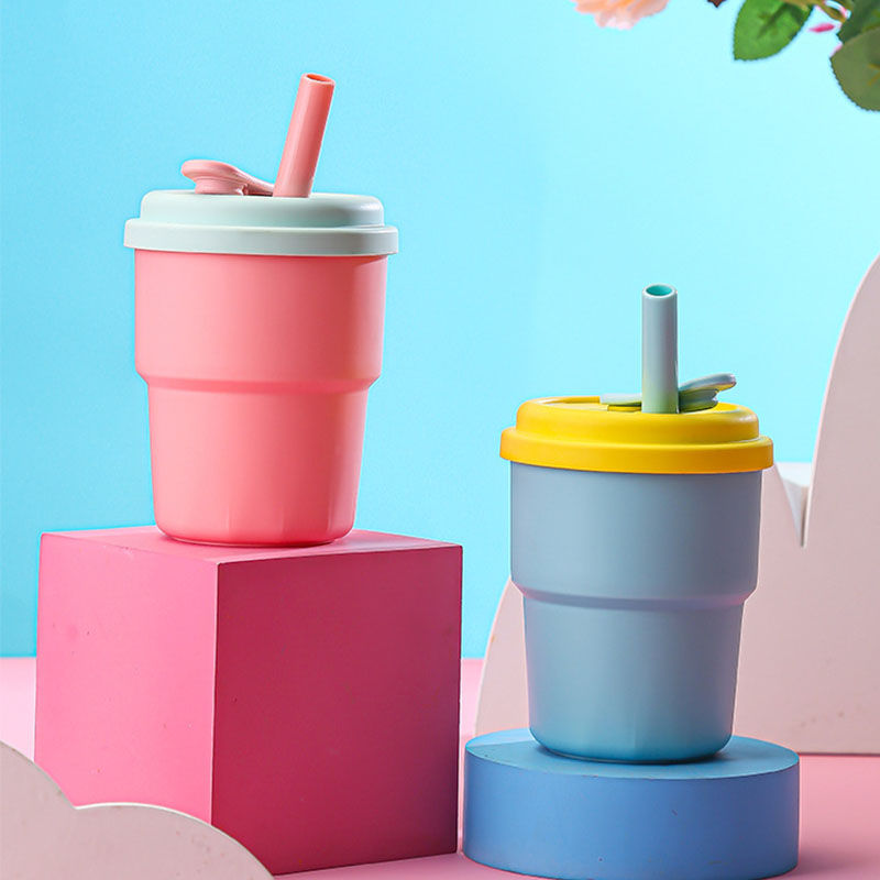 Ready Stock 380ml silicone straw cup baby learning drinking cup household drinking water milk cup anti-fall high temperature coffee net red cup