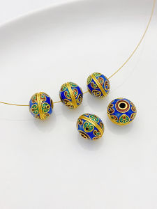 Handmade Enamel Flat round Beads Spacer Beads DIY Jewelry Accessories Gold JingTai Blue Color Traditional Method Fashion Accessories
