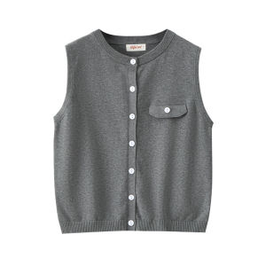 Lightweight Compact 100% Cotton round Neck Knitted Cardigan Short Vest Outerwear for Women Commute Style Korean Version Medium Softness