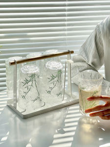 High Aesthetic Bamboo Leaf Glacier Glass Cup Set for Womens Home Living Room Drinking Water Tea Coffee Cups Traditional Chinese Style