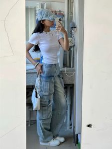 High Street Design Slim Fit Denim Jeans for Women with Multiple Pockets Spring Autumn New Style Straight Leg Pants Light Color