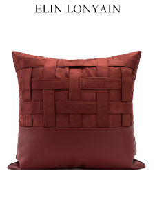 Elin Lonyain Christmas New Year Red Wine Color Leather Woven Patchwork Pillow Living Room Sofa Square Pillow Customizable