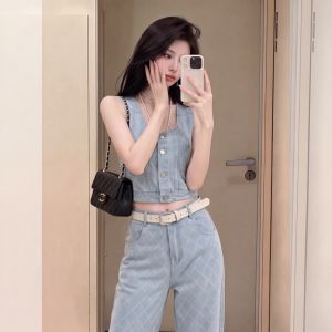 YIKEMAI | Womens Summer Sleeveless Top and Wide-leg Pants Set Slim Fit Large Size