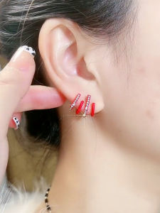 Fashionable 925 Sterling Silver Earrings Red New Year Four Claw Row High End Sensation Elegant Stud Earrings Womens Jewelry