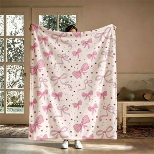 Pink Bow Dot Print Flannel Blanket Perfect for Sofa Office Bed Travel Sleep Read Relax Camping Four Season Use
