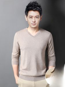 ROMON | Lormen Mens Knitted Sweater Thickened V-neck Pure Color 100% Pure Wool Warm Base Layer Shirt For Autumn Winter Casual Wear