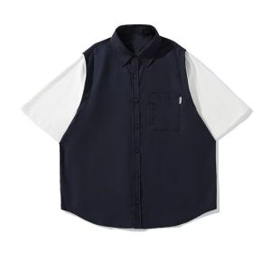 Retro Japanese Style Patchwork Coffee Color Cityboy Short Sleeve Shirt Mens Summer Outerwear Standard Fit Youth Fashion