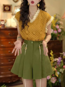 Shalldoer | Bộ đồ hai mảnh phong cách Hồng Kông cổ điển mùa hè mới không tay áo sơ mi cạp cao quần áo vest cho nữ thời trang