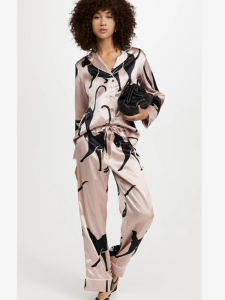 Silk Satin Sleepwear Set Womens Long Sleeve Long Pants Home Clothes Spring Summer Fashionable Black Cat Foundation O Home