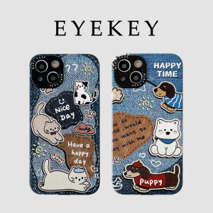 Eyekey Vintage Denim Graffiti Cartoon Cat Dog Phone Case for  16 pro Max Sweet Cool Style Couple 15 pro Leather Cover
