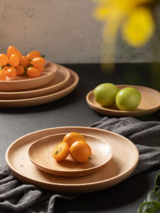 Solid Wood round Tray Coffee Serving Plate Elm Wood Dry Fruit Nut Tray Homestay Hotel Household Wood Plate Ins Style