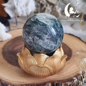 Moss Agate Crystal Sphere with wood sphere holder
