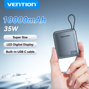【3C Certification】Vention Mini Power Bank 10000mAh 35W Fast Charging 2 Ports Built in Type C Cable with LED Display for iPhone 16 15 pro max Samsung S24 Ultra S23 Xiaomi Realme Laptop Macbook Small Portable Powerbank