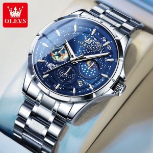 OLEVS Waterproof Mens Watch Original Imported Waterproof Calendar Multifunctional Dial Quartz Movement Stainless Steel Strap Fashion Watch