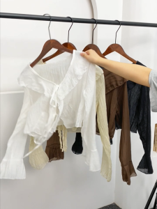 ZANZEN Korean Women Chiffon Ruffle Lace-up Long Sleeve Blouse Solid Color Casual Loose Shirt Baju Wanita Lengan Panjang