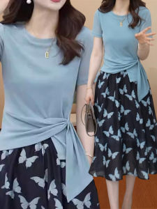 Shalldoer | Summer Womens Butterfly Print Short Sleeve T-Shirt And Belted Waist Skirt Two-Piece Set Round Neckline Casual Comfortable