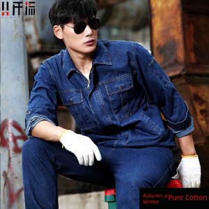 Mens Pure Cotton Workwear Denim Set Anti-Flame Electric Welding Uniform Anti-Wear Resistant Special Cotton Labor Protection