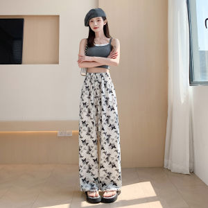 La Chapelle Womens Loose Straight Leg Wide Leg Pants Dyed in Ink Casual Long Trousers Comfortable Polyester Fiber High Waist