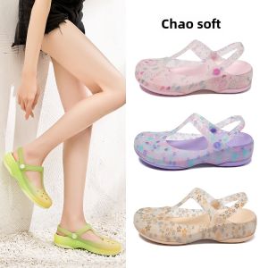 Womens New Summer Anti-Slip Thick Bottomed Jelly Sandals Beach Shoes Clog Style Slip-On Mom Comfortable Flat Heel Sandals