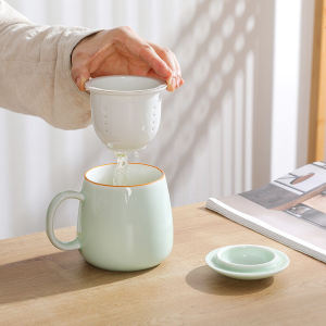 Ceramic Tea Cup with Filter for Office Use Tea Water Separation Lid Included Personal Specialty Water Cup Logo Included