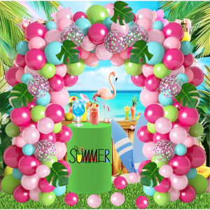 114Pcs Tropical Beach Party Balloon Garland Arch Set with 4 Matching Pink and Green Colorful Sequin Balloons and Artificial Palm Leaves Suitable for Hawaiian Theme Birthday Parties Outdoor Pool Parties and Wedding Decorations