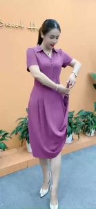 Đầm trung niên cho mẹ cổ sơ mi sang trọng công sở chất lụa hồng ngọc