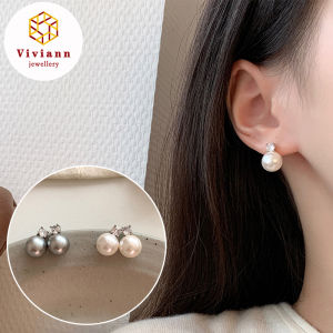 Viviann Original Princess Diana Same Style Pearl Stud Earrings Round Bright Pearl 925 Sterling Silver High Sense Retro Earrings Female White Pearl Earrings for Women Earring Jewelry Wholesale