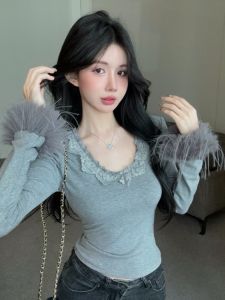 GUZILIAN | Slimming Effect French Style Lace Splice Furry Sleeve V-Neck Body Shaping Base Shirt Women Autumn Fashion Commute Style