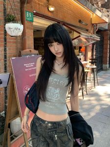 Silver Grey Printed Lace Trim Slim Fit Summer New Style Womens Tank Top Strap Sweet Style Short Length Modal Fiber 100%