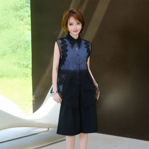 Elegant Design Lace Collar Double Layer Chiffon Sleeveless Striped Lined Top