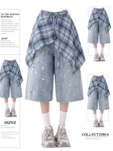 MZVZ | Quần 7/8 Chân Rộng Thoáng Đáy Chân Váy Plaid Màu Block và Nước Mực
