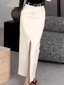 plus Size Womens A-Line High Waist Slimming Midi Skirt with Slit Straight Cut Bodycon Half-length Fashionable Commute Style