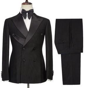 Men Suit 2 Pieces Black With Bright Lapel Double Button For Wedding Groom Banquet Work Birthday Business Daily Jacket And Pant