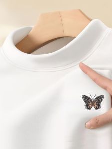 Áo Thun Dài Tay in Hình Bướm Phong Cách Mỹ Thời Trang Nam Mùa Thu Mới INS Cổ Cao Lót Len Áo Lót Cổ Tròn Thường Ngày Mùa Xuân