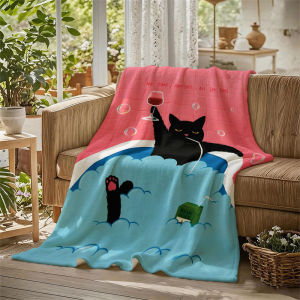BILIBILI | Chăn Flanel Black Cat Bath Wine Me Time Dùng Cho Ghế Sofa Văn Phòng Giường Ngủ Du Lịch Thư Giãn Ngủ Ngon Sử Dụng Được Bốn Mùa Phong Cách Hiện Đại Chất Liệu Polyester Vải San Hô.