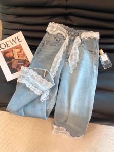 กางเกงยีนส์ทรงตรงเอวสูงหลวมๆ สำหรับผู้หญิง ฤดูใบไม้ผลิและฤดูร้อน ดีไซน์เก๋ไก๋ ขอบลูกไม้ ผ้าเดนิม ทรงหลวม ทรงหลวม