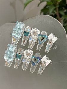 Handmade Blue Bear Butterfly Heart Glass Bead Nail Art Ice Transparent Beautiful White Enhancing Wearable Nails Art Decoration