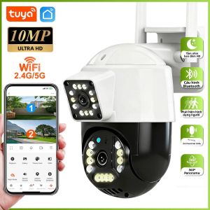 Camera IP Tuya 10MP HD Hai Ống Kính WiFi 5G Xoay PTZ Ngoài Trời Chống Nước Màn Hình Kép An Ninh Gia Đình Tầm Nhìn Ban Đêm Màu Sắc