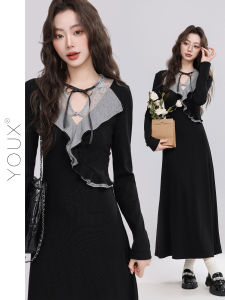 YOUXIANG | Đầm Dài T Tay Elegance Pháp Mùa Đông Mùa Thu Có Mộc Thư