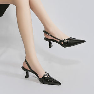 เรียบหรู สีดำ รองเท้าส้นสูงกลวงออกสไตล์โลหะ ผู้หญิง รองเท้าแตะข้อเท้าตัดต่ํา สายคล้อง ปั๊ม ทันสมัย รองเท้า Peep Toe