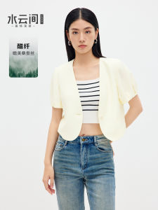 Sedate Minimalist Short Sleeve V-Neck Acetate Womens Jacket European Style No-Collar Mini-Suit Summer Fashion Outerwear