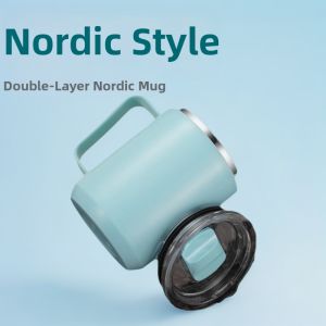 Scandinavian Style Office Mug with Lid and Handle Stainless Steel Coffee Cup
