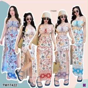 ชิ้น เสื้อเกาะอกสายเดี่ยวคล้องคอพิมลาย + กางเกงกระโปรงยาวพิมลาย