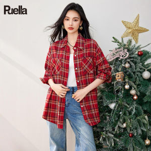 puella | Spring Women Red Plaid POLO Collar Loose Long Sleeve Shirt