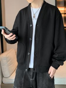 ROMON | Romon Mens Jacket Trendy Youth V-neck Casual Sporty Open Cardigan Outerwear Standard Fit Long Sleeve Windproof Polyester Fiber