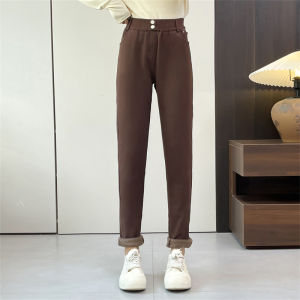 กางเกงขายาวทรงสลิมฟิตเอวสูงผ้าขนแกะบุขนแกะแบบยืดหยุ่นสูงสำหรับฤดูใบไม้ร่วงและฤดูหนาวสำหรับผู้หญิง กางเกงขายาวทรงสลิมฟิตแบบยืดหยุ่น