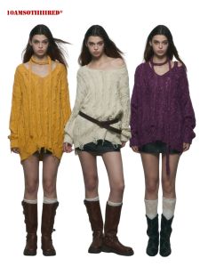 เสื้อสเวตเตอร์ถักแขนยาวหลวมๆ สำหรับผู้หญิง ฤดูใบไม้ร่วง/ฤดูหนาว เสื้อสเวตเตอร์ถักคอวี สไตล์ลำลอง ทรงหลวมๆ ผ้าฝ้ายผสมโพลีเอสเตอร์