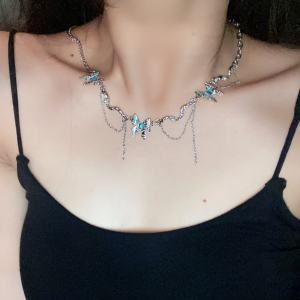 Blue Ice Butterfly Tassel Necklace Womens Fashion Korean Style High End Accessories Splicing Design Fresh out New 2025